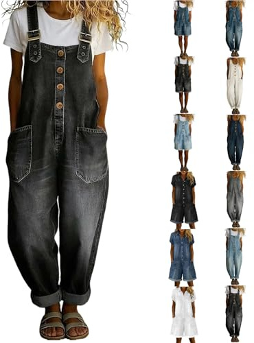 Generico Salopette Jeans Donna Estiva Corta Lunga Vintage - Tuta Jumpsuit Denim Elegante Larghi Leggeri Casual Curvy per Sera Lavoro Mare Ciclismo