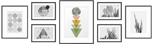 Golden State Art, Aluminum Gallery Wall Frame Set of 7 - Includes One 11x14, Two 8x10, and Four 5x7 - Metal Frames with Mat & Real Glass Cover for Elegant Home or Office Decor (Style 2, Black)