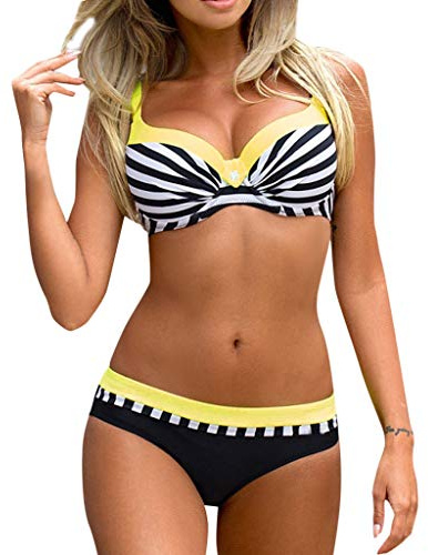 DAY8 Maillot de Bain Femme 2 Pièces avec Armature Grande Taille Bikini Sexy Bresilien Push Up Tanga Culotte Short Trikini Tankini Maillot de Bain Natation Femme Deux Pièces (Noir, XX-Large)