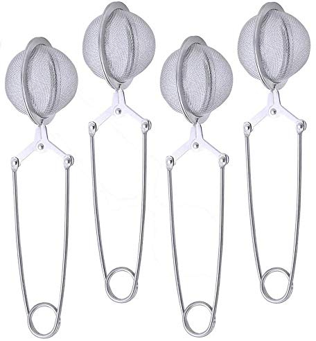 4 Pack Tea Strainers Tea Infusers Snap Tea Strainer Tea Filter Tea Fine Mesh Sieve Tea Tongs Stainless Steel with Extra Fine Mesh with Handle for Loose Leaf Tea and Mulling Spices Seasonings
