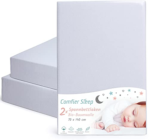 Sábanas Cuna 70x140 cm –100% Orgánico Completamente Natural Juego de 2 Gray Sábanas Maxicuna 140 x 70 en Algodón Suave – Transpirables