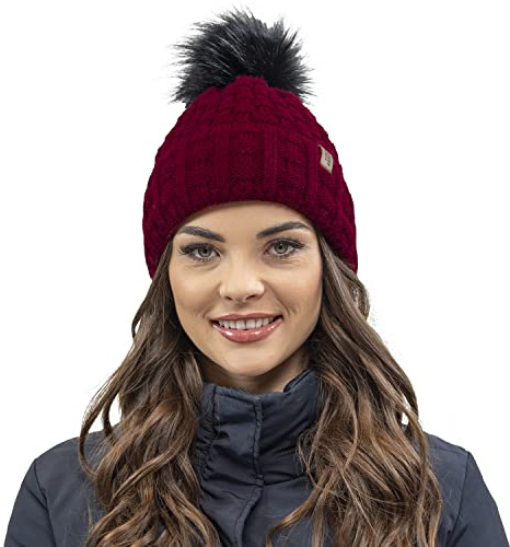 VIVISENCE Wintermütze Mit Bommel Damen Perfekte Passform Warmes Bommelmütze Herbst Frauen Mütze Für Winter Aufgerolltem Design Für Extra Wärme Ideal Für Kalte Wintertage Modell, Weinrot,Einheitsgröße