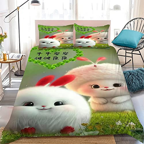 Bettwäsche 140x200 Bettbezug Winter Bettwäsche-Sets SüßEr Hase TüRkis 3D Muster Weich Baby bettwäsche Set Hypoallergen Kinder bettwäsche mit 2 Kissenbezüge 80x80 cm