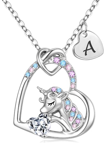 TINGN Einhorn Kette für Mädchen Geschenke - CZ Einhorn Anhänger Kette für Mädchen Herz Einhorn Kette Kinder Einhorn Halskette mit Buchstaben Kinder Schmuck Mädchen Geburtstagsgeschenk für Mädchen
