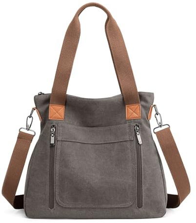 DIRRONA Bolsa de Mujer Bandolera de Mujer Varios Bolsillos Lona Bolsas de Hombro Casual Viajar Trabaja Escuela Compras Impermeable Bolsa Mujer Bolso Correa de Hombro Gris