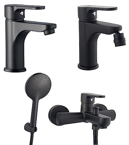 Inbagno Set miscelatori lavabo Bidet e Vasca con doccetta, Nero Opaco in Ottone, Serie Paco