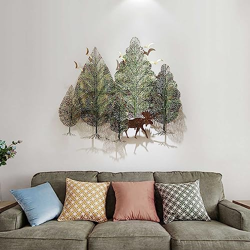JYHCD Wald Metall Wanddeko Wohnzimmer Groß Wandschmuck 90X99cm, Dicke 8Cm, 3D Baum & Vögel & Hirsche Metall Wanddekoration,Geeignet Home Decor Büro Wohnzimmer Schlafzimmer Wandskulptur