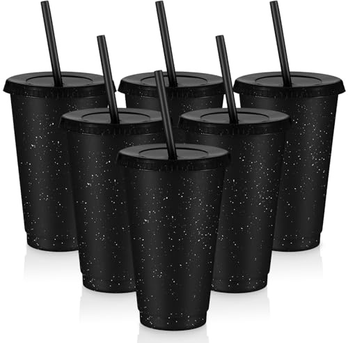 6 bicchieri riutilizzabili con coperchio e cannucce, in plastica, per caffè ghiacciato, glitterati, per frullati, succhi di frutta, feste di compleanno, bevande fredde, tazze da caffè, per adulti,
