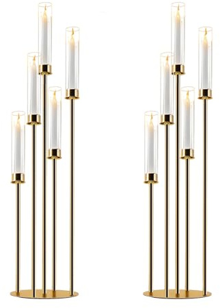 Gold Candelabra with Glass Cylinders for Real Candles 5 Arms Metal Candle Holder Wedding Event Party Home Decoration Centerpiece (2, L)