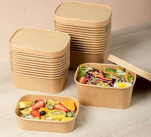HOT BARGAINS 500ml Kraft Paper Food Containers With Paper Lids, Rectangular Takeaway Boxes, Pack of 100