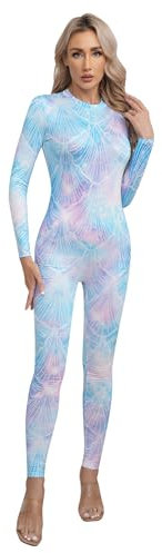 Alvivi Damen Meerjungfrau Jumpsuit Fischschuppen Ganzanzug Langarm Body Overall Turnen Sportbody Cosplay Karneval Faschingskostüm Aa Hell Blau XL
