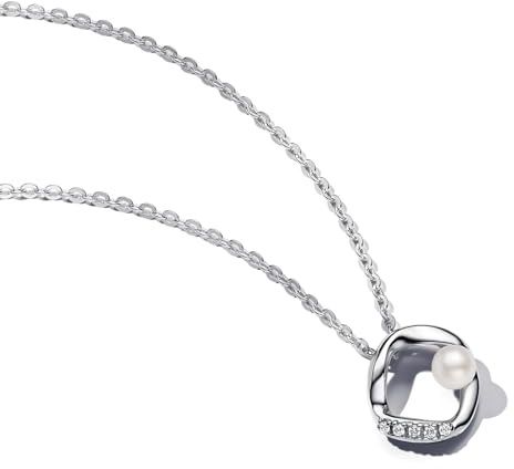 Pandora Essence Organisch Geformter Pavé Kreis & Behandelte Süßwasserzuchtperlen Collier-Halskette aus Sterling Silber mit Zirkonia, Größe 45cm, 393207C00-45