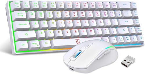 Snpurdiri 60% Wireless Keyboard and Mouse Combo, RGB Backlit Rechargeable Gaming Bundle, 40Hrs Battery, Compact Desktop Set for PC/Mac(White