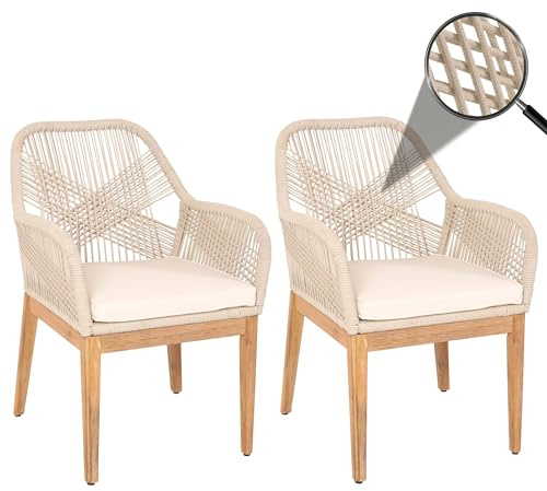Mendler 2er-Set Gartenstuhl HWC-H56b Holz - beige Kissen Creme-weiß | Sessel, Outdoor, wetterfest Seilgeflecht, Rope, Akazie