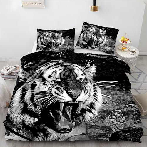 BettwäSche 220x240 Tiger Bettbezug mit 2 Kissenbezug 80x80 cm Weiche und Angenehme 120g Mikrofaser Bettwaren Wild Bettwäsche-Sets 3-Teilig mit Reißverschluss für EinzelbettDoppelbett
