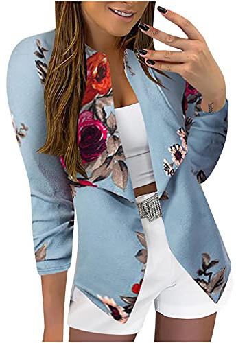 Generisk damblazer, sommarblazer, dam, 3/4-ärm, cropped kavaj med blommönster, kavaj, elegant kostymjacka, ledig kavaj, inga knappar, smal passform, bolerojacka, festlig kofta