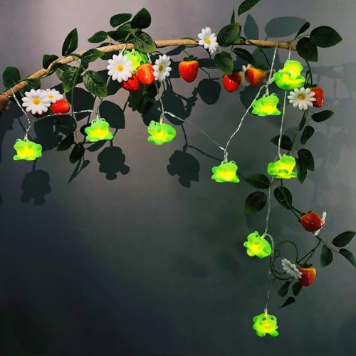 Riaxuebiy 2M 20 LEDs Batterie Frosch-Lichterketten mit Blättern Erdbeere Blumen Girlande Pflanzen Dekoration für Hochzeit Party Garten Weihnachts