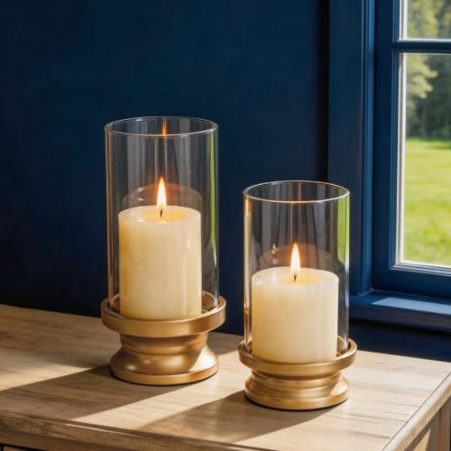 NUPTIO Hurricane Candle Holder Gold: Pillar Candle Holders with Clear Glass Sleeve - Set of 2 Decorative Brass Metal Pillars Stand for Dining Table Centerpiece Shelf Fireplace Mantel Decor