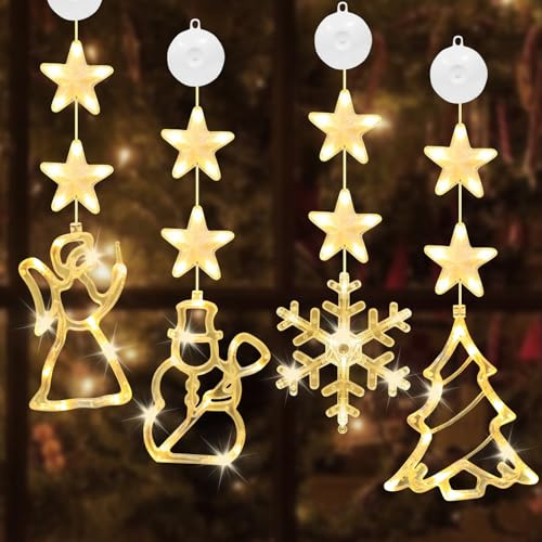 Booaee Weihnachtsbeleuchtung,4 LED Fensterdeko Weihnachten Saugnapf Weihnachten Lichter Schneeflocken, Schneemann,Engel Weihnachtsbaum Weihnachtlichen Lichterketten Warmweißes Licht Innen Außen Deko