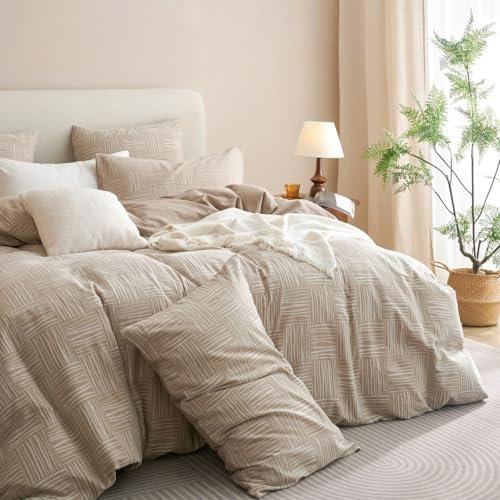 Lanqinglv Doppelte Musselin Bettwäsche 220x240 cm Baumwolle 100%,ÖKO-TEX Bettwäsche Taupe Weiß Geometrisch Muster Vintage Bettbezug mit Reißverschluss und 2 Kissenbezug 80x80 cm