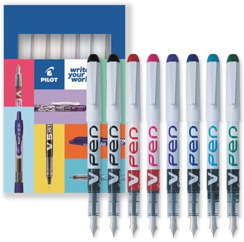 PILOT V PEN - Erasable Disposable Fountain Pen - 0.6mm Nib Tip - Medium Line - Pack of 8 - Black, Red, Pink, Violet, Blue, Peacock & Green - In Envelope Gift Packaging