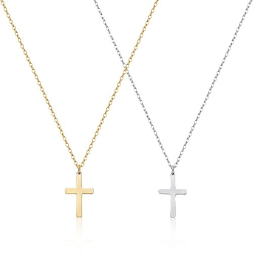 MADGININE Chain with Cross 2 PCS,Cross Necklace Men for Boys & Girls Silver Cross Necklace Hypoallergenic Cross Chain for Birthdays，Christmas,Easter,Thanksgiving,Silver+Gold,Small Size