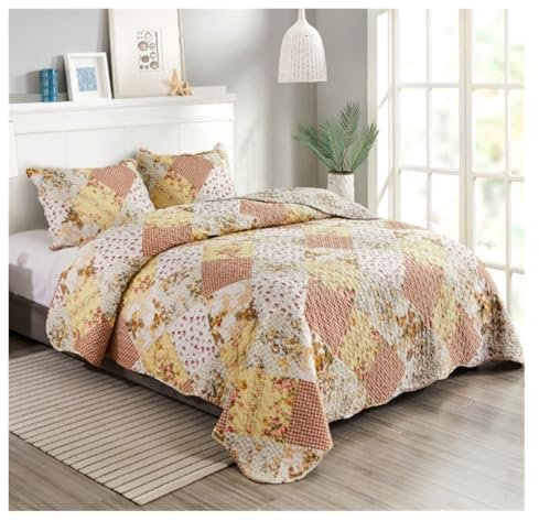 ASHSDI Bettwäsche Set Floral 3 Stück Quilt Set Blume Bettdecke Kissen Shams Bettwäsche Set Für Hotel Home Weich Bettbezüge(Orange)