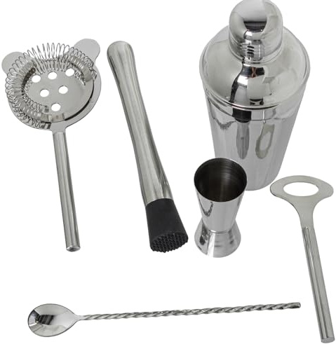 SET 6 UTENSILIOS COCKTAIL ACERO INOX. BRILLO_COCTELERA 550ML,CUCHARA 28CM
