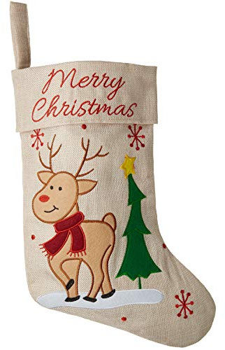 dressforfun Nikolausstiefel Deko Stiefel zum Befüllen und Aufhängen in Jute Optik mit Rentier Motiv, ca. 26 x 36,5 cm