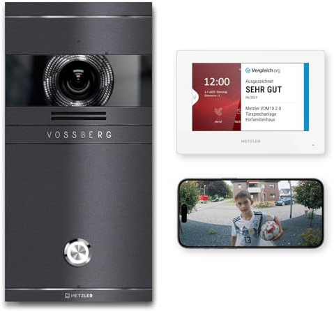 Metzler VDM10 2.0 Video Sprechanlage Komplett Set mit Laser Gravur Namensschild - LAN/POE - Türsprechanlage mit HD-Kamera und Bildschirm für 1 Familienhaus, in Eisenglimmer aus V2A Edelstahl
