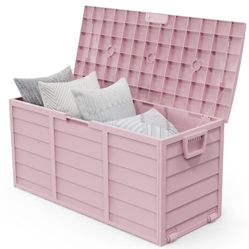 VINGLI 75 Gallon Outdoor Storage Box, Lockable Plastic Storage Containers with Lid, Patio Deck Box Furniture for Garden, Pool, Balcony, Yard (Light Pink)