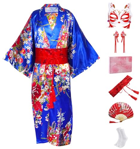 CRFASIBE Kimono för barn, japansk traditionell rock, barn, Yukata, flickor, cosplay, kostymset med tillbehör, barn, kulturella festivaler klänning, BLÅ, 130