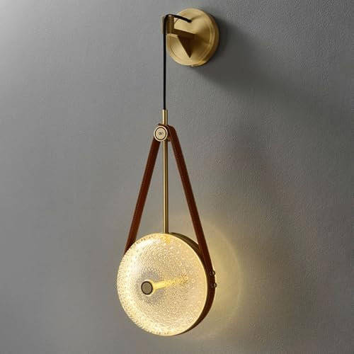 Lámpara de Pared Moderna de Vidrio Burbuja, lámpara LED de latón con Borde de Cuero, 5 W, 3 Modos de Color, lámpara de iluminación posmoderna de Lujo cepillada para Dormitorio y sa
