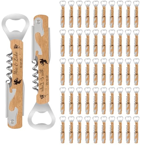 50 Unidades Abrebotellas de Madera Personalizado con Sacacorchos - Detalles de Boda para Invitados en Natural | Abridor de Vino & Regalos Nupciales Multifunción