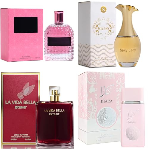 A CENTER 4PCS Perfume Set for Women - Floral Fragrance Gift Set with Vanilla,Sweet Fruity Eau De Parfume| 3.4 Fl Oz Each(Valuable Paris,La Vida Bella Ext,KA,Sexy Lady)