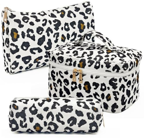 SHEPIN 3er Set Kosmetiktasche Leopard Cord Make Up Tasche Leo Damen Schminktasche Reise Waschtasche Kosmetikbeutel Makeup Toiletry Bag Beautycase Kulturtasche für Frauen Teenager