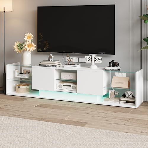 Meuble TV 200 cm Longueur, Meuble Tele avec LED Espace de Rangement, Moderne Banc Tele Bas Con Dos Cajones y Un Estante de Cristal, pour Salon, Chambre (Blanc, 35 * 200 * 45)