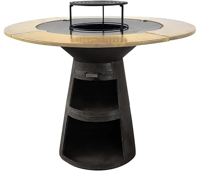 PURLINE | Barbacoa redonda con plancha de acero EFP59B WOOD Purline para jardín, terraza o patio exterior - Parrilla circular con tablero perimetral de madera natural y amplia superficie de cocción