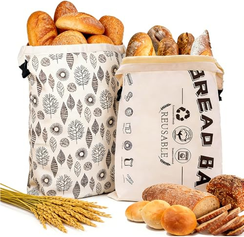PAIKIUU Wiederverwendbare natürliche Bienenwachsbrotbeutel (2er-Pack) – 43×33 cm / 17×13 Zoll Bienenwachsbeschichtete Baumwollbrotbeutel mit Reißverschluss & Schnalle – Große wiederverwendbare Brotlag