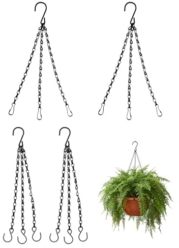 Chaînes de Suspension pour Plantes Lot de 4 – métal Noir réglable, Support Solide 3 Points, Usage intérieur et extérieur pour Pots de Fleurs, lanternes et décorations