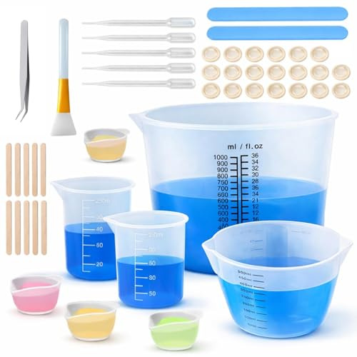 Juego de 47 vasos medidores de silicona de resina epoxi, 1000 ml/500 ml/100 ml, vasos de silicona para verter con agitadores, pipetas, pinzas, guantes, cepillo de silicona, etc. para resina epoxi