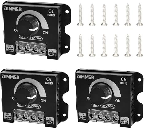 3 strisce luminose LED dimmer 12 V | DC 12 V – 24 V PWM regolatore di luminosità | dimmer continuo con manopola | funzione on/off | alloggiamento in alluminio per strisce LED monocolore