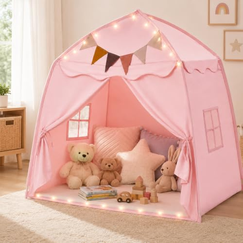 Tienda de campaña de cúpula rosa para interior y exterior, extra grande, plegable, 150 x 100 x 150 cm, tienda de campaña portátil para interior con ventanas, guirnalda de banderines y luz de estrellas