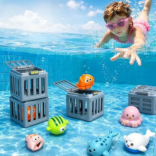 CelestiMingle Unterwasser Rettung Tauchspielzeug, Pool Tauchspielzeug mit 6 Meerestieren und 6 Tauchkäfigen, Wasserspielzeug für Kinder, Schwimmbad Spielzeug für Sommer, Pool und Badewanne (A)