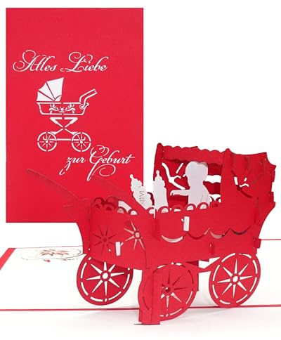 3D Karte zur Geburt Mädchen - Kinderwagen“ - Pop-Up Karten zur Geburt - Glückwunschkarte zum 1. Geburtstag als Gutschein, kleines Geschenk, Geschenkgutschein & Geschenkverpackung