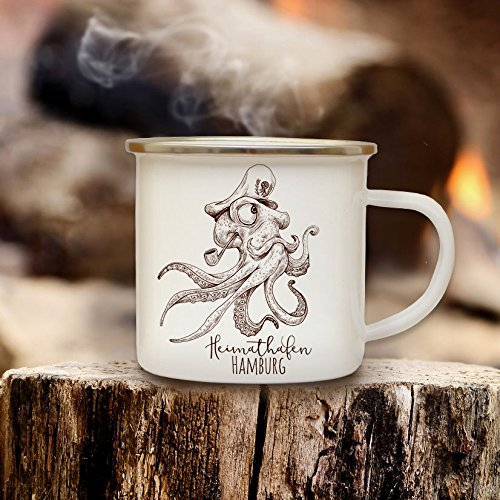 ilka parey wandtattoo-welt Emaille Becher Camping Tasse mit Oktopus Krake Kaffeetasse Geschenk maritim mit Spruch Motto Heimathafen Hamburg eb135