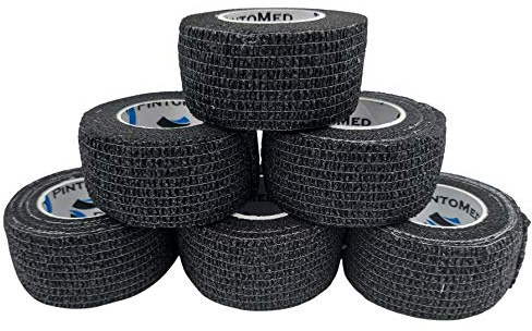 PintoMed - BENDAGGIO COESIVO - NERO garza elastica, 6 rotoli x 2.5 cm x 4.5 m autoadesiva flessibile bende, qualità professionale, primo soccorso - Sports Wrap Cohesive Bandage - Confezione da 6