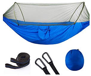 Grupo K-2 Riscko Hamaca con Mosquitero Azul de Nylon y Tela de Paracaídas Ligera con Malla y Cremallera Reversible para Camping de 290cm x 140xm Secado Rápido, Correas de Nylon Incluidas