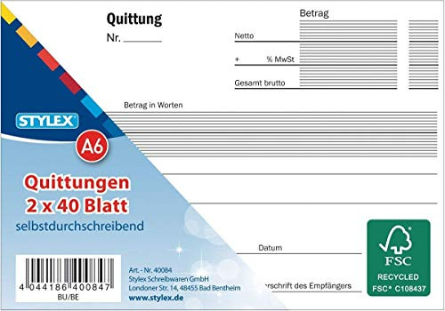 Stylex Quittungen, A6, 2 x 40 Blatt, selbstdurchschreibend (15)