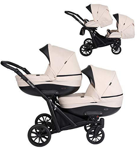 KUNERT BOOSTER 2in1 Kinderwagen Komplettset Zwillingskinderwagen Babywagen 2 in 1 Kombikinderwagen Komplettset Geschwisterwagen Kinder Wagen set Zwillingsbuggy Doppelkinderwagen (Creme, 2 in 1)